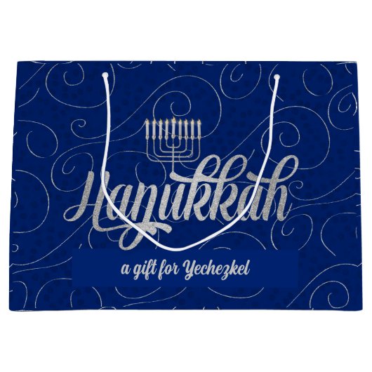 Menorah en Ster van David met Blauwe Zwirls Groot Cadeauzakje (Voorkant)
