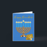 Menorah Hanukkah Feestdagen Kaart<br><div class="desc">Het Elegant Hanukkah-wenskaart is blauw gemaakt,  met een afbeelding van een verlichte gouden Menorah met blauwe kaarsen en een hoop gelte munten. Pas de groet binnen aan om te lezen wat u wilt.</div>