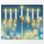 Menorah kandelaars cadeaupapier<br><div class="desc">De menora is ook gedecoreerd voor de joodse Feestdagen en symboliseert de schepping in zeven dagen,  waarbij het middelste licht de sabbat voorstelt.</div>