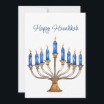 Menorah met brandende kaarsen Happy Chanoeka Kaart<br><div class="desc">Waterverf menorah met blauw brandende kaarsen aan de voorkant en Davidster aan de achterkant. Gelukkig Chanoeka en begroeting op de rug kan worden veranderd. AI-ondersteunde grafische producten die zijn gekocht voor commercieel gebruik. Illustratie: CosmicMeta</div>