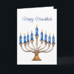 Menorah met brandende kaarsen Happy Chanoeka Kaart<br><div class="desc">Waterverf menora met blauw brandende kaarsen aan de voorkant en Davidster aan de binnenkant. Gelukkig Chanoeka en begroeting binnen kan worden veranderd. AI-ondersteunde grafische producten die zijn gekocht voor commercieel gebruik. Illustratie: CosmicMeta</div>