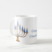 Menorah met brandende kaarsen Happy Chanoeka Koffiemok (Voorkant links)