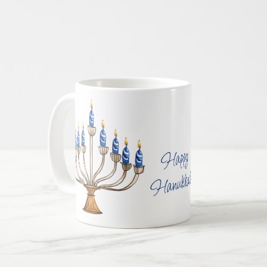 Menorah met brandende kaarsen Happy Chanoeka Koffiemok (Voorkant links)