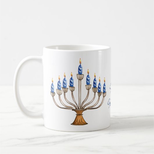 Menorah met brandende kaarsen Happy Chanoeka Koffiemok (Links)
