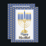 Menorah met Lights Happy Hanukkah Family Foto<br><div class="desc">Ideaal voor het vieren van het hanukkaseizoen,  dit ontwerp kenmerkt onze originele menorah vector grafisch met de kalligrafie van de manuscripttekst,  "Happy Hanukkah"groet op voorzijde met uw familiefoto op rug samen met uw uniek overseinen. Composietontwerp door vakantieharten Design (gereserveerde rechten).</div>
