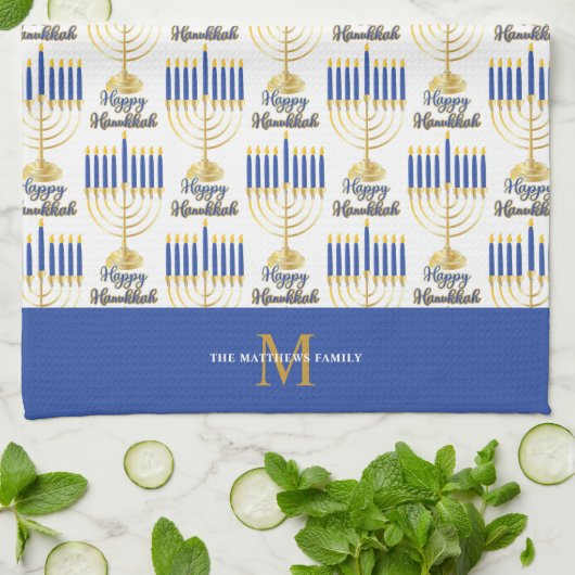 Menorah met Lights Happy Hanukkah Monogram Theedoek (Gevouwen)