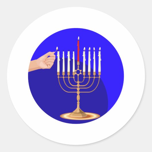 Menorah op blauw ronde sticker (Voorkant)