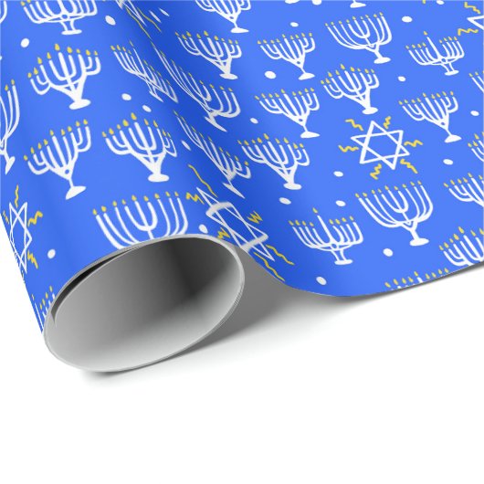 Menorah Star van David Hanukkah Pattern Blue Gift Cadeaupapier (Rol Hoek)