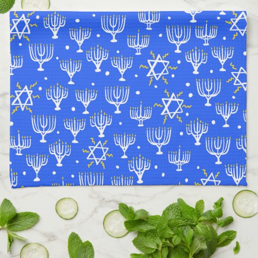 Menorah Star van David Hanukkah Pattern Blue White Theedoek (Gevouwen)