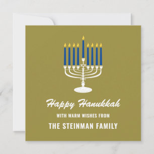 Menorah Wit Blauw Goud Familienaam Happy Chanoeka Feestdagenkaart