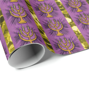 Menorahs Paars & Gold Faux Glitter Cadeaupapier