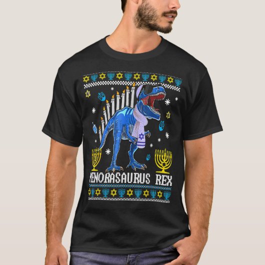 Menorasaurus Rex Trex Menorah Ugly Hanukkah Chanuk T-shirt (Voorkant)