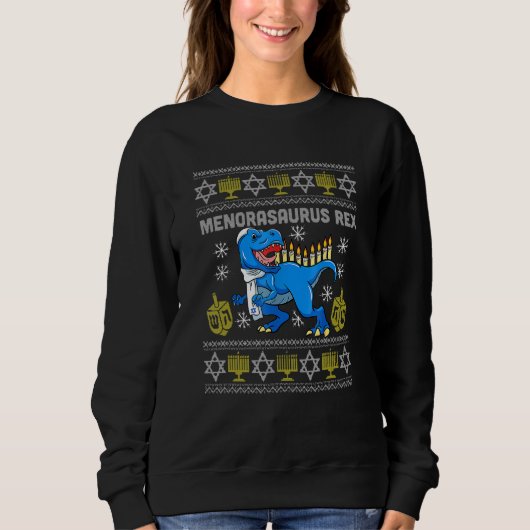 Menorasaurus Rex Trex Menorah Ugly Hanukkah Chanuk Trui (Voorkant)