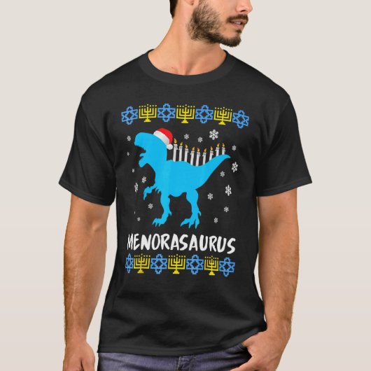 Menorasaurus Rex Ugly Hanukkah Sweater Dinosaur Re T-shirt (Voorkant)