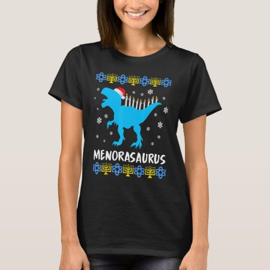Menorasaurus Rex Ugly Hanukkah Sweater Dinosaur Re T-shirt (Voorkant)