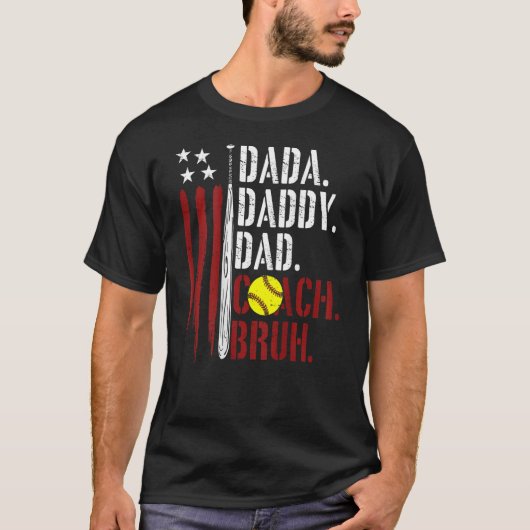 Mens American Flag Softball Coach Dad Daddy Father T-shirt (Voorkant)