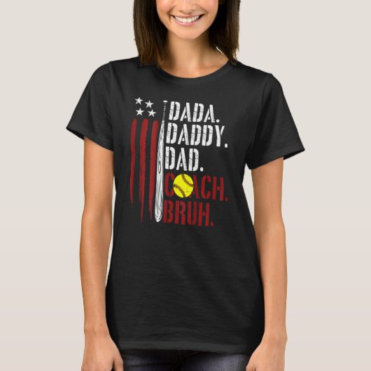 Mens American Flag Softball Coach Dad Daddy Father T-shirt (Voorkant)