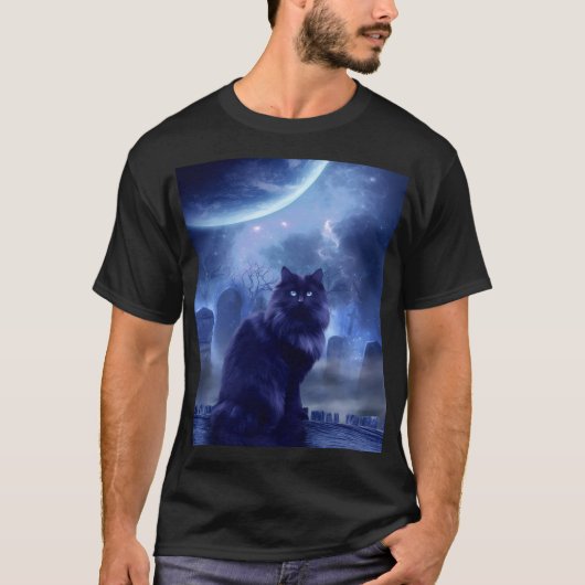 men's black cat and moon light t-shirt (Voorkant)