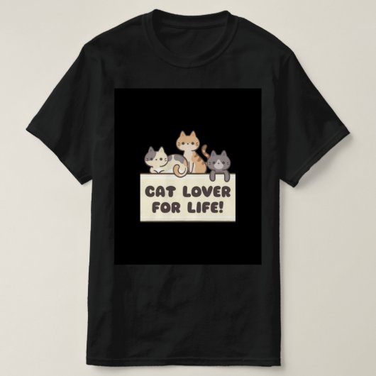 mens black t shirt with cute cartoon of cat (Design voorkant)