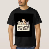 mens black t shirt with cute cartoon of cat (Voorkant)