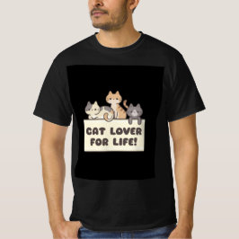 mens black t shirt with cute cartoon of cat