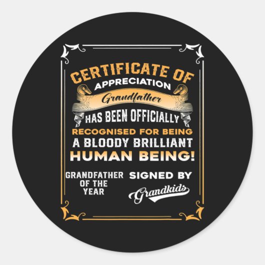 Mens Fathers Day Gift For Papa Certificate Ronde Sticker (Voorkant)