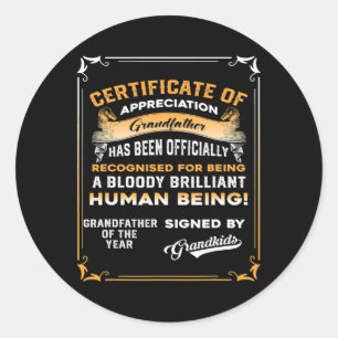 Mens Fathers Day Gift For Papa Certificate Ronde Sticker