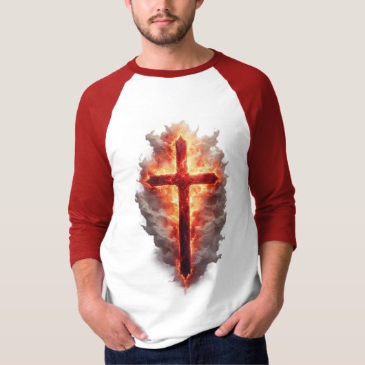 Men's Flaming Christian Cross Baseball Tee T-shirt (Voorkant)