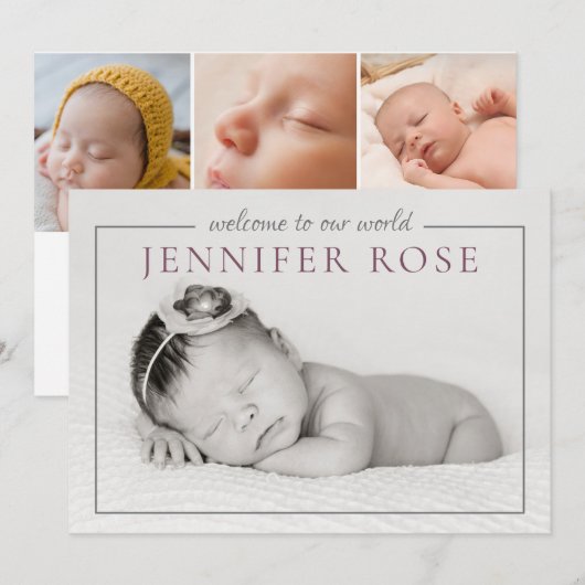 Mens gematigde auve Baby Girl Fotocollage geboorte Aankondiging (Voorkant / Achterkant)