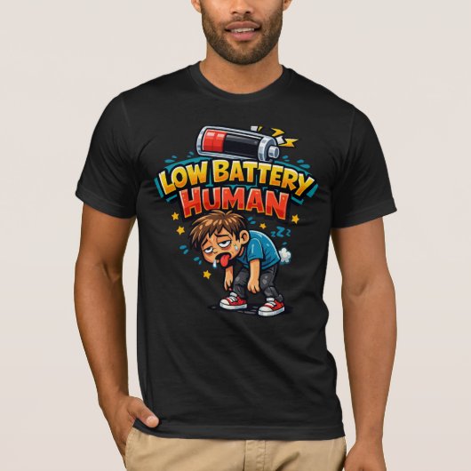 Mens met lage batterij Funny T-Shirt | Vermoeide m (Voorkant)