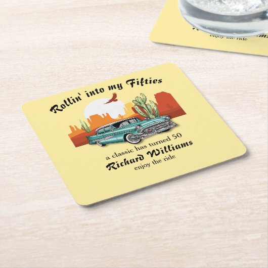 Men's Retro Classic Blue Car Desert 50th Birthday Kartonnen Onderzetters (Schuin)