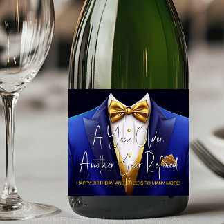 Mens Royal Blauw Gouden Smoking Verjaardag Champag Sparkling Wijnetiket