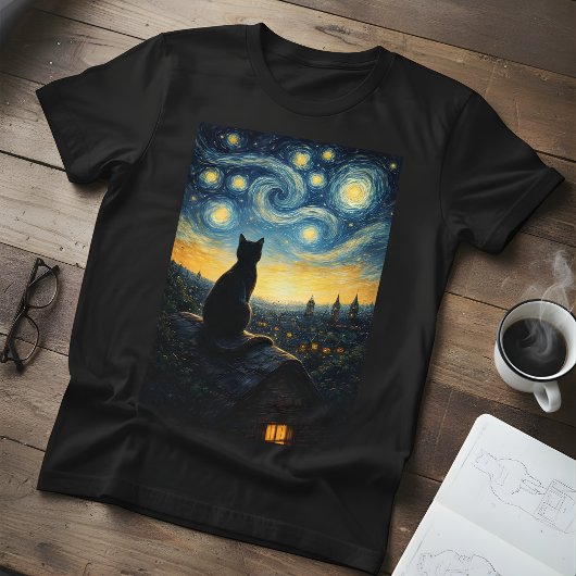 Men's Starry Night  Black Cat & Swirling Sky  T-shirt