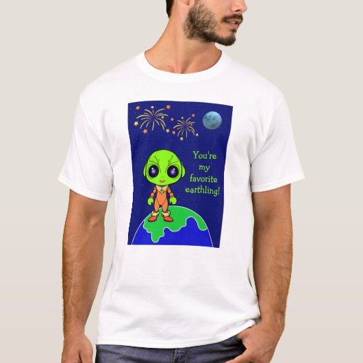 Men's T-Shirt with Alien and Fireworks for new Dad (Voorkant)