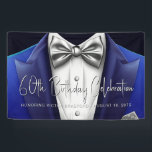 Mens Tuxedo Birthday Party Banner<br><div class="desc">Mens tuxedo birthday party banner with blue and silver tuxedo and silver bow tie. This men's blue and silver birthday party banner is easily personalized for your event by changing the text as needed. This tuxedo party and event banner works well for corporate events, retirements, bachelor parties and any black...</div>