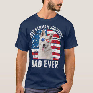 Mens White German Shepherd Dad American Flag Dog L T-shirt