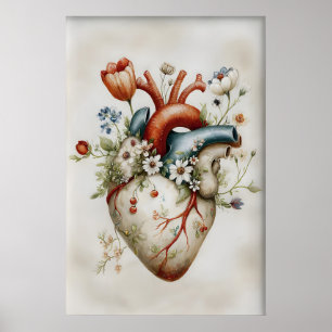 Menselijk Hart Bloemenprint, Anatomisch Vintage Poster