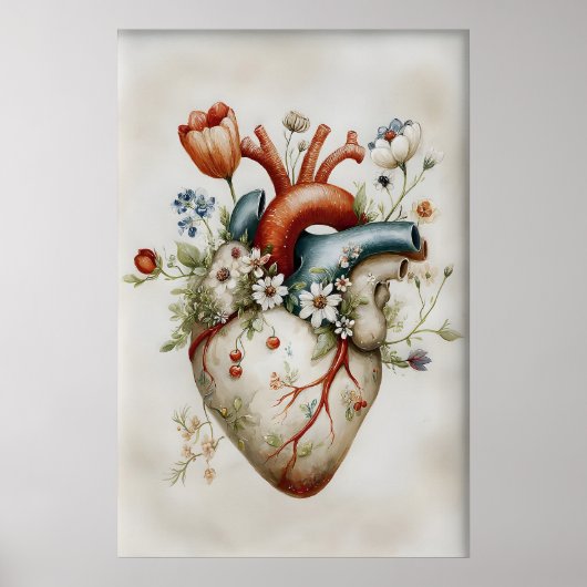 Menselijk Hart Bloemenprint, Anatomisch Vintage Poster (Voorkant)