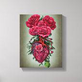 Menselijk hart met rode roze bloemen surrealistisc canvas afdruk (Voorkant)