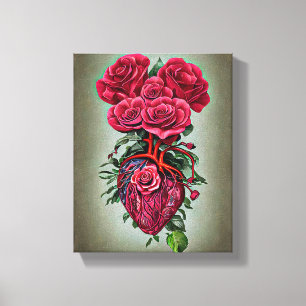 Menselijk hart met rode roze bloemen surrealistisc canvas afdruk