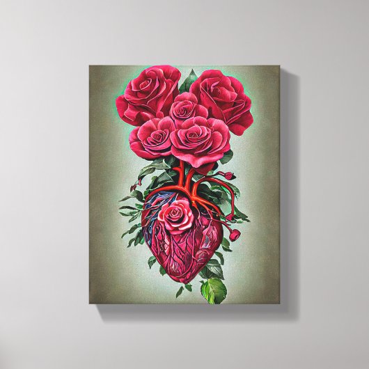 Menselijk hart met rode roze bloemen surrealistisc canvas afdruk (Voorkant)