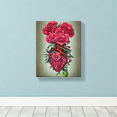 Menselijk hart met rode roze bloemen surrealistisc canvas afdruk (Insitu (Houten vloer))