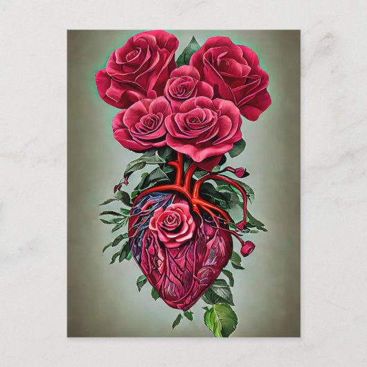 Menselijk hart met rode rozenbloemen surrealistisc briefkaart (Voorkant)