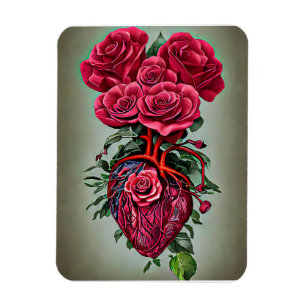Menselijk hart met rode rozenbloemen surrealistisc magneet