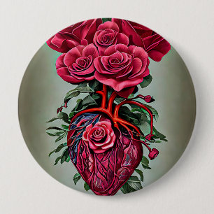 Menselijk hart met rode rozenbloemen surrealistisc ronde button 4,0 cm