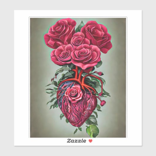 Menselijk hart met rode rozenbloemen surrealistisc sticker (Vel)