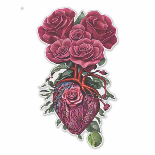 Menselijk hart met rode rozenbloemen surrealistisc sticker (Voorkant)