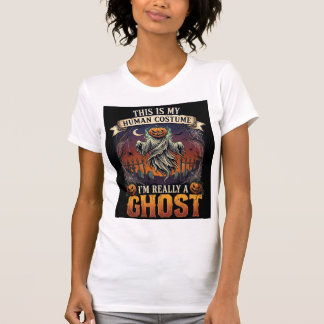 Menselijk Kostuum Spook Pompoen Hoofd Kerkhof Spin T-shirt