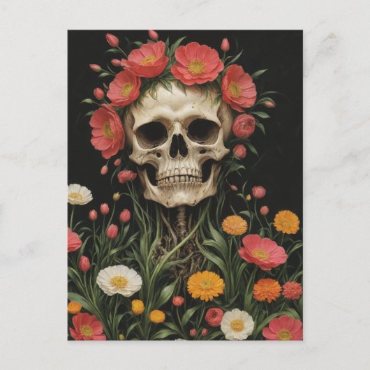 Menselijk skelet in bloemen briefkaart (Voorkant)