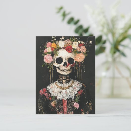 Menselijk skelet in de Floral Boho Crown Briefkaart (Staand voorkant)